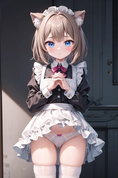 Solo Girl, 20-year-old,Medium Hair, Light brown hair, Mid-chest, highest quality, High resolution, Very detailed, Detailed Background, Perfect lighting、Extreme maid outfit、very cute, Blue eyes, a pair of cat ears, Blush, white silk socks, Lift up the skirt...