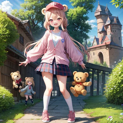 Pink Blonde、Red eyes、Hair tied up、Two cute、Checked mini skirt、black t-shirts、cardigan、Knee-high socks、bear ears baseball cap、Teeth are visible、Monster Castle、Tilting face、crossing the bridge、hazakura、windmill、grass、Stones are growing out of the ground.、imp...