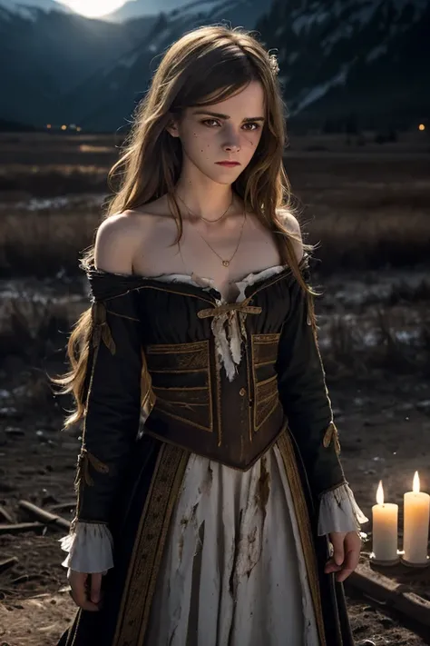 Emma Watson, ​masterpiece, ultra detailed, 8K, Raw photo, Realistic light, Cinematic composition, Realistic face, Realistic skin, Big Breasts, Long Straight Hair, (woman from Ukraine), (torn and dirty traditional clothes), cute sexy, pleasure, perfect anat...