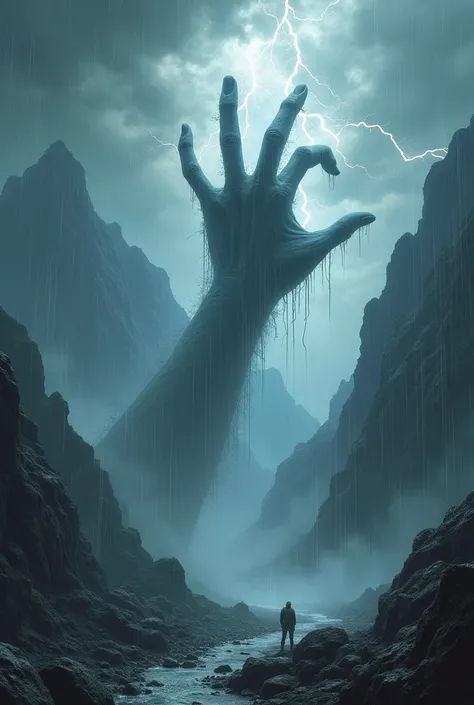 best quality, very good, 16K, ridiculous, Very detailed, The giant hand of the demon，made of mist, Background mountain top，hell，rain，thunders，lightning，Grayish screen（（A masterpiece full of fantasy elements）））， （（best quality））， （（Intricate details））（8K）