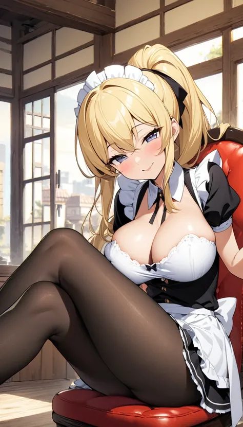 One Woman、beautiful girl、maid、20-year-old、Blonde、ponytail、Western-style building、maidの、頭にmaidカチューシャ、Short skirt、Black Pantyhose、Ultra-definition image quality、Highest quality, smile,Big Breasts、Very large breasts、Sit on a chair、Crossing your legs、Sitting w...