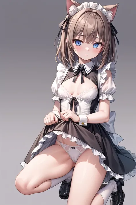 Solo Girl, 20-year-old,Medium Hair, Light brown hair, Mid-chest, highest quality, High resolution, Very detailed, Detailed Background, Perfect lighting、Extreme maid outfit、very cute, Blue eyes, a pair of cat ears, Blush, white silk socks, Lift up the skirt...