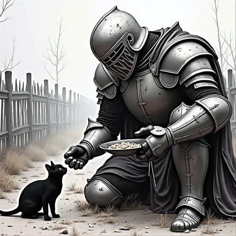 (((masterpiece))), (((Highest quality))), ((Very detailed)), (photograph), (photo:1.2) of a kneeling knight feeding a black cat in a field with a fence, cat and warrior, A knight in dirty armor. gothic knight, realistic, masterpiece, anatomically correct, ...