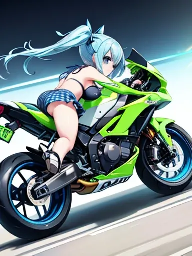 Highest quality,Twin tails, Light blue hair, blue eyes, Large Breasts,Checkered Bikini, Racing motorcycle,lime green motorcycle,motionless,from side,