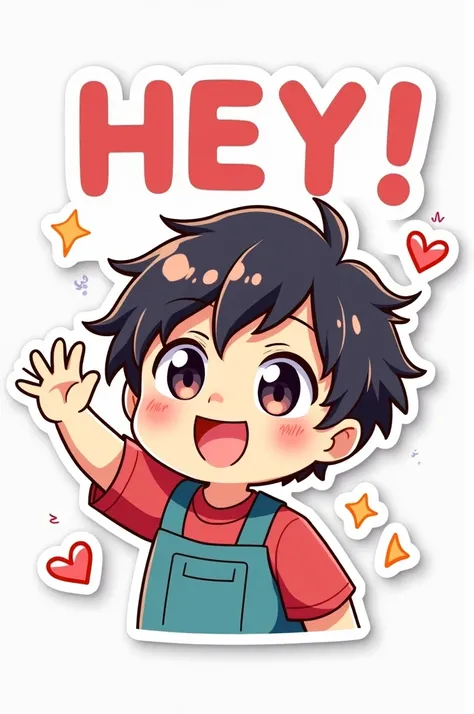 cute anime boy sticker waving hand and the word "HEY" written in sticker , instricate details,no background tstp