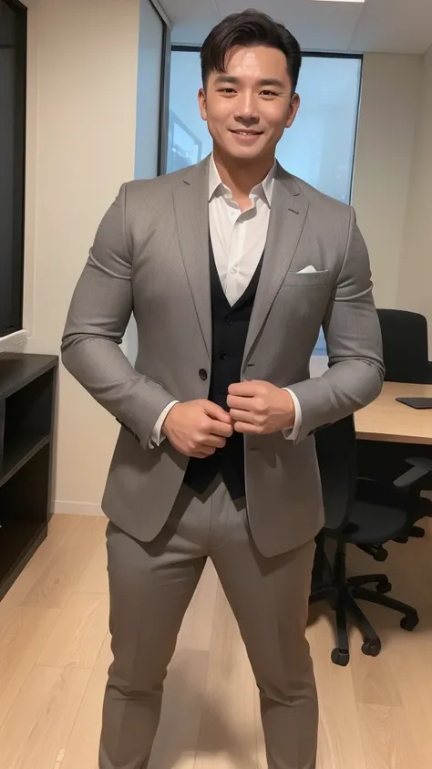 ((best quality, 8K, masterpiece, image: 1.3)), (Observe the audience), (panoramic:0.85), Mature man, 1 person, a little fat:0.35,　Light Brown，Medium length、 ((Black suit)),((Gray trousers))、((muscle:1.1)) (strong body:0.8), , Smile:0.2,Good posture、(((Sunn...