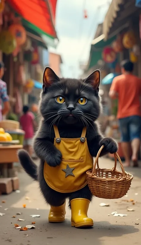 Create an image of a chubby, cute silky black cat walking through a bustling Indonesian market. The cat, wearing yellow rubber boots and an apron, holds a shopping basket in one paw. The market is lively with vibrant stalls and people all around. The cat h...