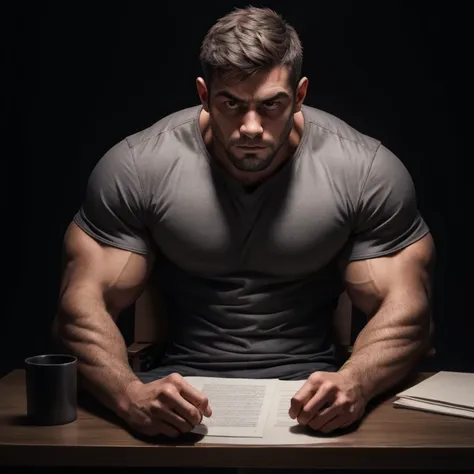 a handsome man, big eyes, gray shirt, exaggeratedly muscular, sitting in front of an interrogation table, against a black backgr...