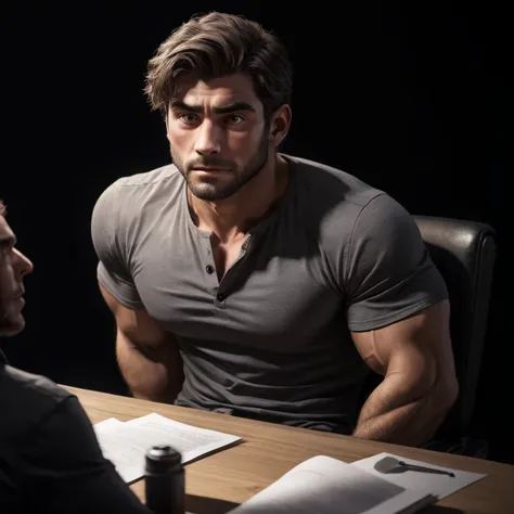 a handsome man, big eyes, gray shirt, exaggeratedly muscular, sitting in front of an interrogation table, against a black backgr...