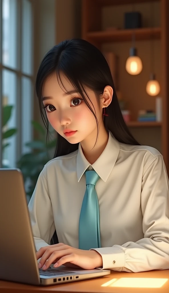 
Beautiful Thai girl,(White long-sleeved shirt with a light blue tie), Focused on working on her laptop, Very detailed face and eyes., Long eyelashes, warm light, light color, Warm interior, movie elements, Digital Painting, award-winning art, realistic, 8...