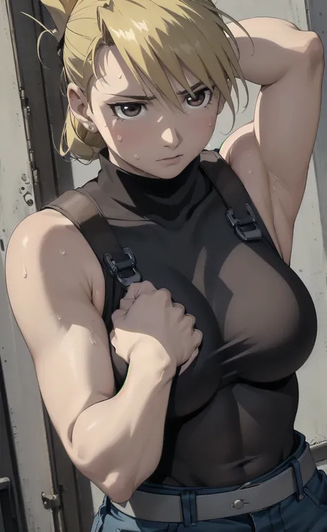 masterpiece, highest quality, High resolution, One Girl, Hamriz, ponytail, Brown eyes,big , Black Shirt, Tight shirt, holster, Short sleeve, belt, Covered navel, Blue pants,indoor、Upper body close-up、Muscular body、blush、Sweat、Composition from the front、ani...