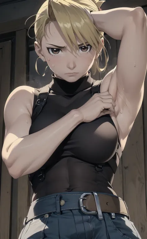 masterpiece, highest quality, High resolution, One Girl, Hamriz, ponytail, Brown eyes,big , Black Shirt, Tight shirt, holster, Short sleeve, belt, Covered navel, Blue pants,indoor、Upper body close-up、Muscular body、blush、Sweat、Composition from the front、ani...