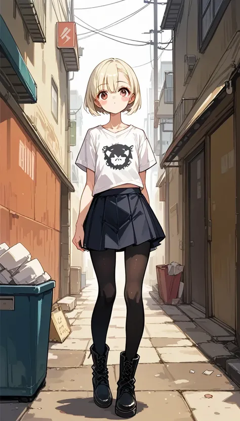 1girl, solo, Alley, standing, 壁に持たれて立つ, smoking in ones mouth, Lazy expression, V-neck T-shirts, mini skirt, zettairyouiki, flat chest, black pantyhose, white lace-up boots, ((looking out)), aidxlv05_neg