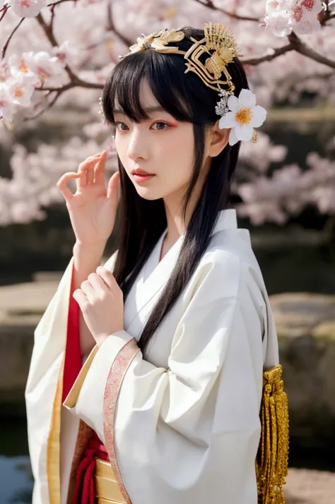 A highly detailed image of Himiko, the legendary queen of ancient Japan, depicted with strong Japanese cultural elements. She is dressed in traditional Japanese priestess attire, featuring flowing white robes with red and gold accents, reminiscent of the a...