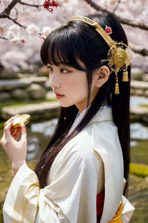 A highly detailed image of Himiko, the legendary queen of ancient Japan, depicted with strong Japanese cultural elements. She is dressed in traditional Japanese priestess attire, featuring flowing white robes with red and gold accents, reminiscent of the a...