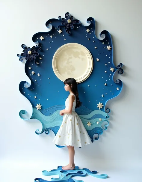 the moon and the north star and the starry sky made of paper quilling style multi dimensional, a girl in the center,a fluttering ribbon made of gradient colored diffracted paper,minimalist,zen, ethereal, hanging on a pure white wall, outstanding superb det...