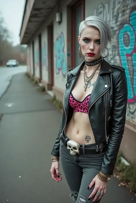 russian old milf woman, biker gang member, short grey combed back with a lot of hair gel, with very light blue eyes, extremely pale, heavy eye shadows. Thin. Sad, humbled face, smeared excessive make up and smeared excessive dark red lipstick Wearing cropp...