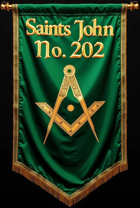 Banner with golden details for a Masonic lodge of green color with moire fabric containing at the top the name of the lodge with the writing in Latin language in gold letters: "Saints John" No. 202, Beneath the text of the name, there must necessarily be t...