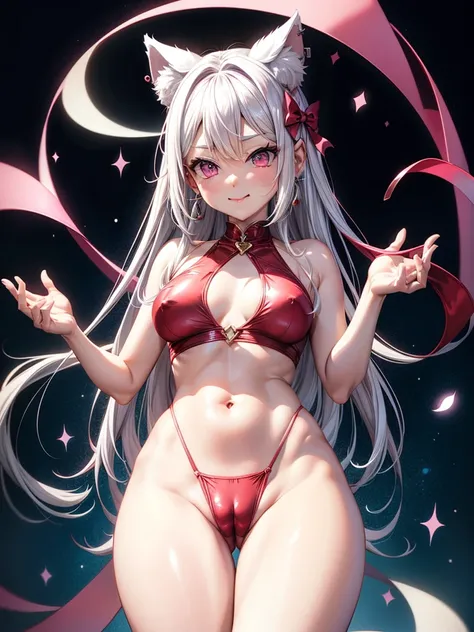 Silver hair, pink eyes, body, cat ears, woman, earrings, sparkle background, red clothes, diamond hair bows, happy face,
,ชุดรัดรูป, camel toe, โชว์กางเกงใน , โชว์หน้าอก, หัวนม, กางขา,