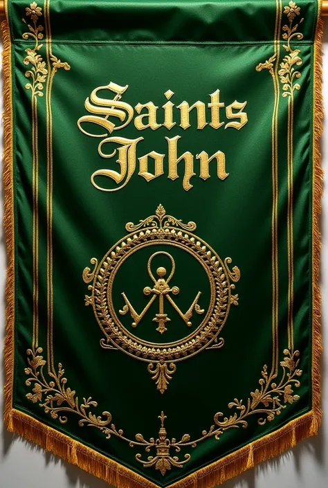 Banner with gold details for a green lodge with moire fabric that contains the lodge name at the top in Latin script with gold letters.: "Saints John" No. 202, Beneath the text of the name, there must necessarily be the design of two bars or side lines in ...