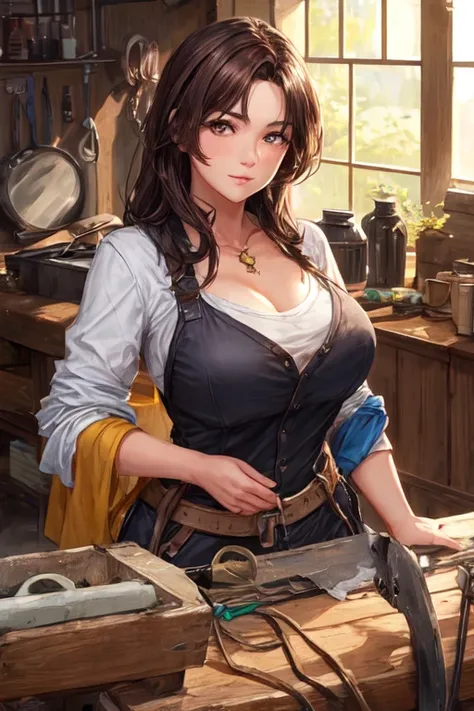 A beautiful woman blacksmith with brown hair, brown eyes, and a large chest.