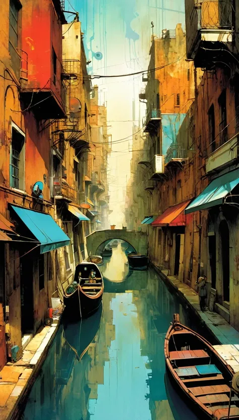 futuristic city, advertising panels, great scene, canals in the streets, rust, art inspired by Bill Sienkiewicz and Dave McKean
