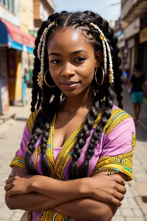 Portrait of african descent woman with nago braids in hair in african city.  