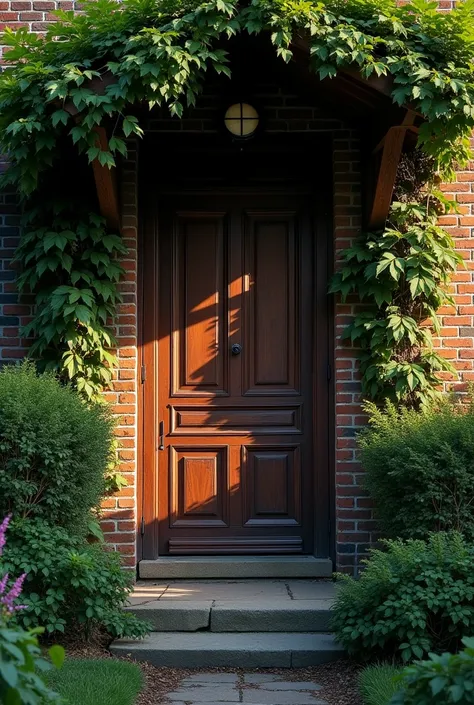 An image of the front door of the house, tightly shut, with a calm yet ominous atmosphere.