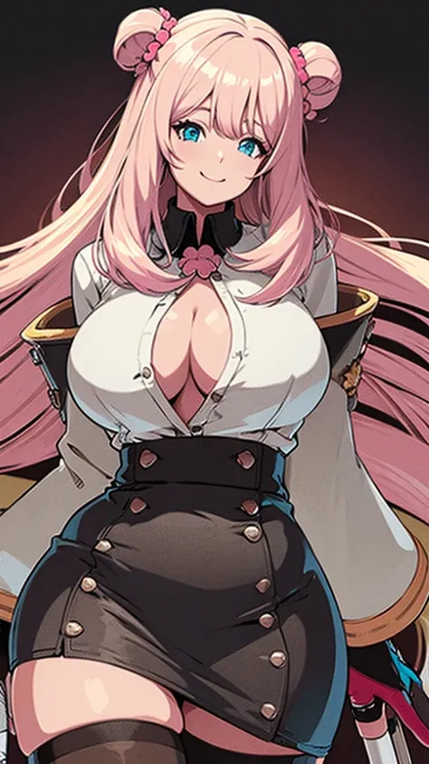 High detailed, 1 girl, solo,blondie hair, hair ornament, hair scrunchie, long hair, pink scrunchie, scrunchie, ,blue eyes, big busty, firm curvy body, burgundy shirt, , deep cleavage, Juliet sleeves, pencil skirt, black thighhighs, red gloves, Smile 