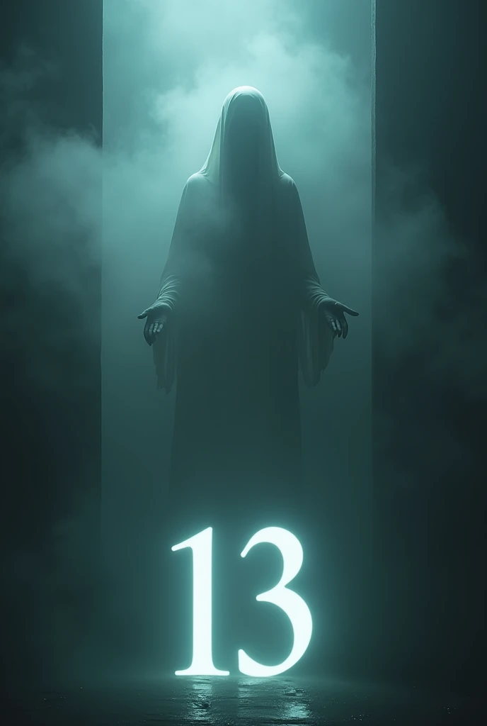 words "13" It&#39;s written in big letters at the bottom of the screen., Mysterious fog, A symbol of death emerges from the mist, Reaching out to catch you, Ominous atmosphere, A work that stirs up anxiety and fear, ((masterpiece, Highest quality, Best ima...