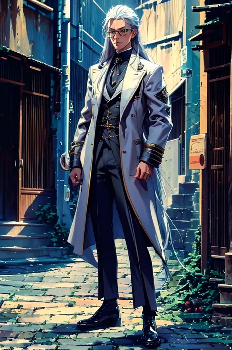 Silver Hair/Long Hair/uniform/Leather shoes/Monocle/Intellectual/Concept Art/male/Pistol