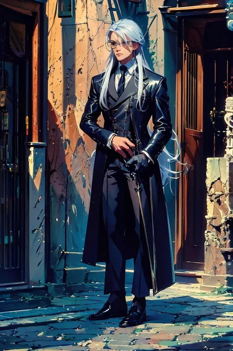 Silver Hair/Long Hair/uniform/Leather shoes/Monocle/Intellectual/Concept Art/male/Pistol