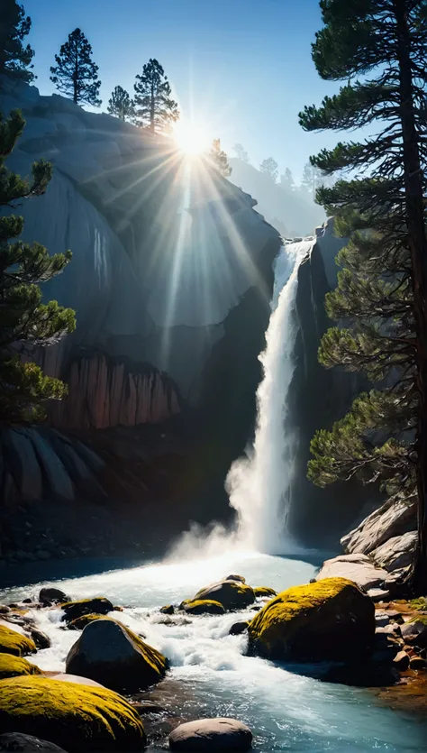 sunlight shines through the lone pine creating a tyndall effect.，a small waterfall is located to the lower left of the lone pine...