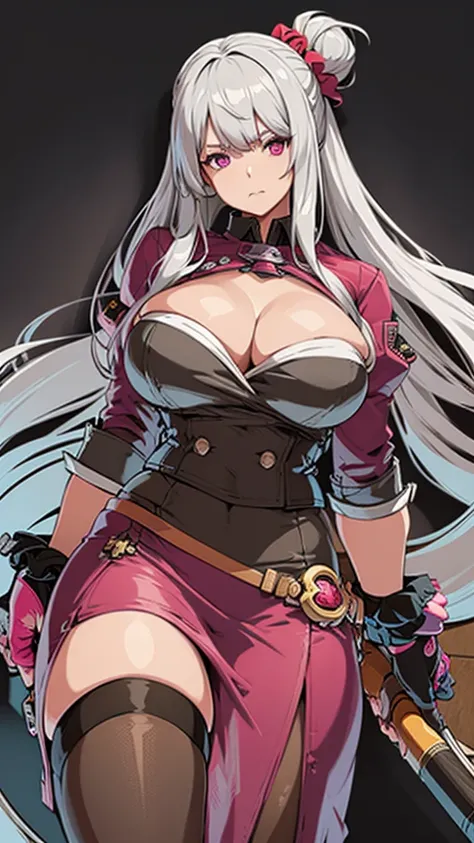 High detailed, 1 girl, Gray hair, hair ornament, hair scrunchie, long hair, pink scrunchie, scrunchie, ,purple eyes, big busty, firm curvy body, burgundy shirt, , deep cleavage, Juliet sleeves, pencil skirt, black thighhighs, red gloves