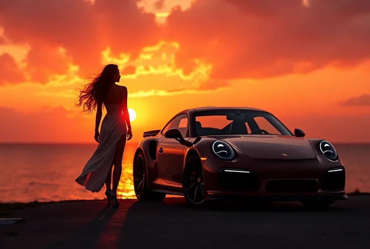 (masterpiece, Highest quality:1.2), silhouette, With a sunset on the coast as the backdrop、女性と車のsilhouette, the car is the main part of the composition。., she is standing right next to the car。, looking at a large sunset。, her long hair is blowing in the w...