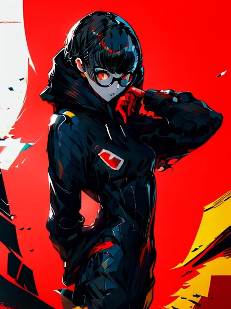 red_black_white, ((chibi)), big head, focus face, in the art style of persona5, (masterpiece:1.2, highest quality), (Realistic, photoRealistic:1.4), Beautiful illustrations, (Natural Side Lighting, Cinema Lighting), Written boundary depth, Beautiful thighs...