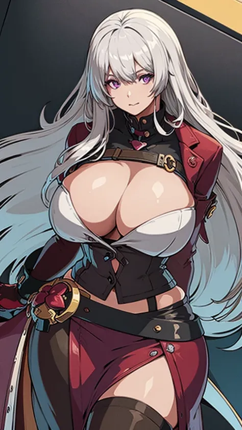 High detailed, 1 girl, Gray hair, shiny hair,  ,purple eyes, big busty, firm curvy body, burgundy shirt, , deep cleavage, Juliet sleeves, pencil skirt, black thighhighs, red gloves