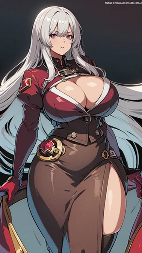 High detailed, 1 girl, Gray hair, shiny hair,  ,purple eyes, big busty, firm curvy body, burgundy shirt, , deep cleavage, Juliet sleeves, pencil skirt, black thighhighs, red gloves