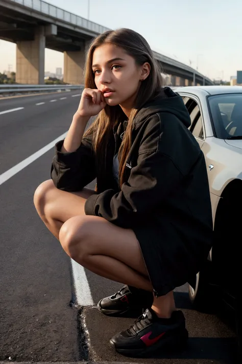 a teen girl squatting next to a car, peeing on the side of a busy freeway, pee stain, realistic, high quality, detailed, photorealistic, depth of field, cinematic lighting, dynamic pose, perfect anatomy, flawless skin, beautiful detailed eyes, beautiful de...