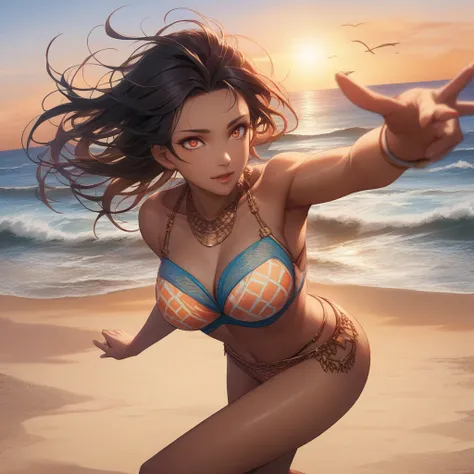 (anime style:1.3), (masterpiece:1.2), (high quality:1.2), (ultra high res:1.2), beautiful, dynamic scene, a Japanese anime girl running towards the viewer on a sandy beach, wind blowing through her hair, sunset, small waves gently lapping at the shore, joy...