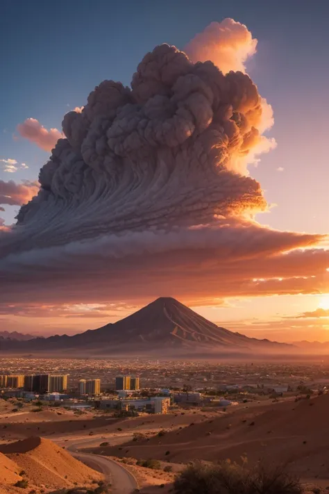 mountain at sunset, futuristic city in the desert as a background, low clouds cover the mountain, realistic+high complex parts, ...