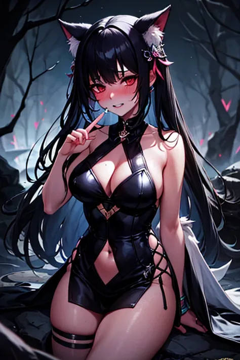 A seductive black female monster, blushing and gritting her teeth on a path in the darkness of night.