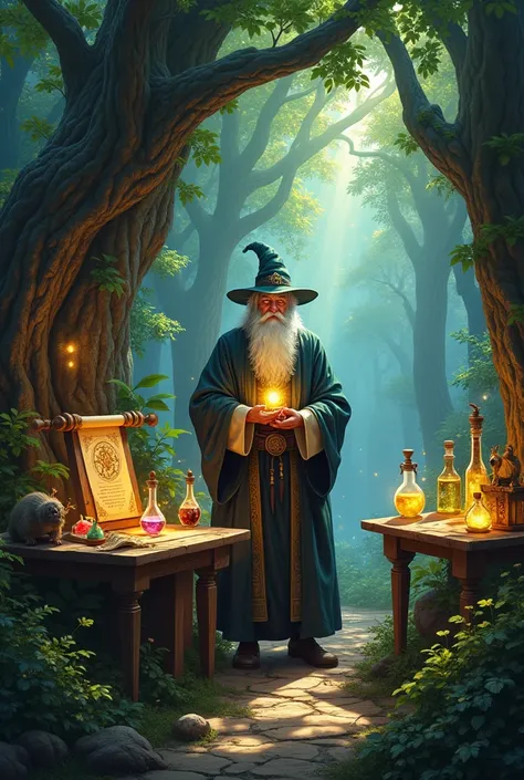 Elder wizard in the forest with his open-air alchemical laboratory 
