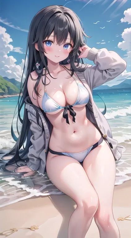 yukino yukinoshita, Long Hair, Cleavage, belly button, Slim legs, Black Hair, blue eyes,  White Side Thai Bikini, Beach, cardigan, Teenage body, Happy、Large Breasts