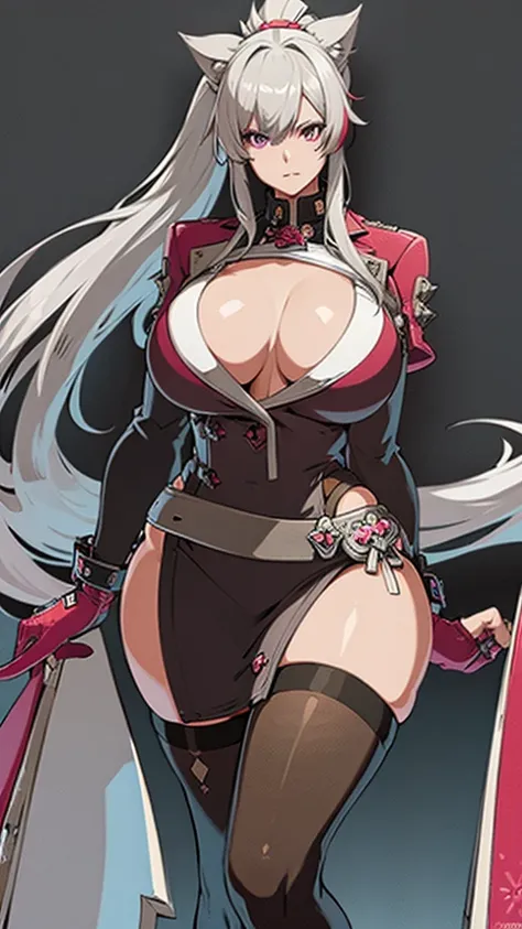 High detailed, 1 girl, Gray hair, spiky hair, large streaked ponytail with pink streak highlights,purple eyes, big busty, firm curvy body, burgundy shirt, , deep cleavage, Juliet sleeves, pencil skirt, black thighhighs, red gloves