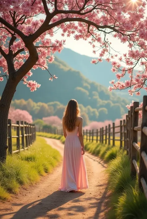 A serene open field with magnolias and a woman wearing a pale pink dress. Dirt path, fences, leaves, mountain 