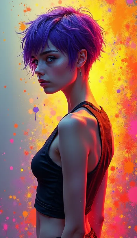 (fractal art), (bright colors), splashes of color background, colors mashing, paint splatter, complimentary colors, neon, compassionate, thunder, lightnings, electric, limited palette, one girl, solo, legs, (fit, muscular:1.2), slender body, black eyes, be...