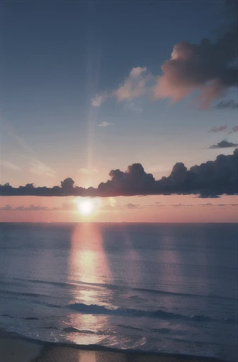 ocean, high resolution, High definition, high quality, landscape, realistic, masterpiece, dawn, dark blue sky, orange sunlight reflecting on the ocean, sun coming out from the horizon, drone shot