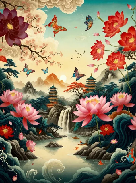 [Vision:1.0]，[Wide Angle:1.0]，It is a Chinese-style scroll with lotus flowers, butterflies and waterfalls in the background with trees in the sky, calligraphy written in the top right corner, the pattern is displayed in 3D, presented as a detailed illustra...