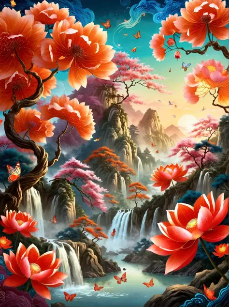 [Vision:1.0]，[Wide Angle:1.0]，It is a Chinese-style scroll with lotus flowers, butterflies and waterfalls in the background with trees in the sky, calligraphy written in the top right corner, the pattern is displayed in 3D, presented as a detailed illustra...